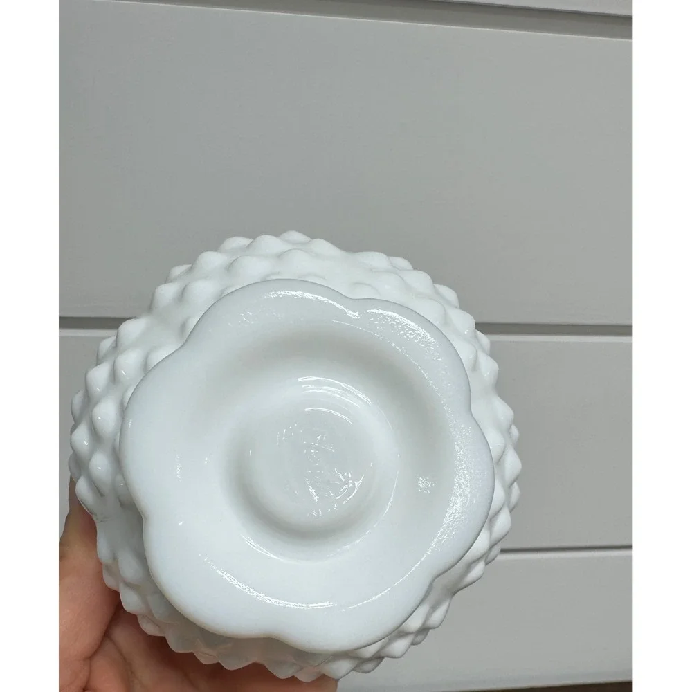 Fenton White Milk Glass Hobnail Scalloped Pedestal Votive Planter Set of 2